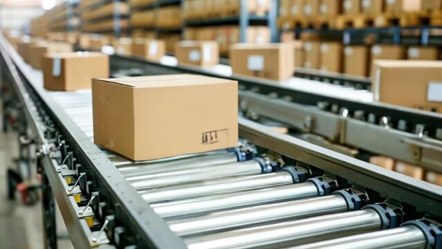 A conveyor belt in a distribution warehouse with cardboard box packages on it, ready for delivery