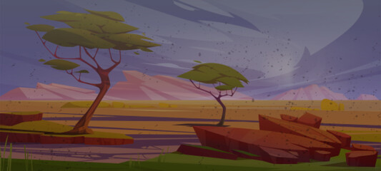 Western desert landscape during sandstorm. Cartoon vector illustration of west sandy scenery in storm with rocky cliff mountains, green trees, wind with dust and smog in air, cloudy mud sky.
