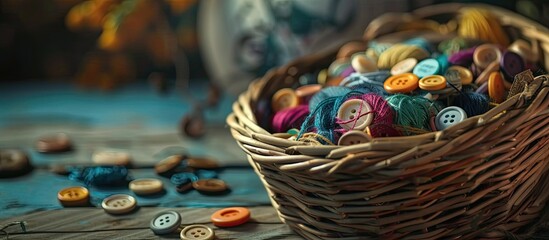 A wicker basket sits in the corner of the frame, brimming with a variety of differently colored buttons, adding a vibrant display of colors to the scene. - obrazy, fototapety, plakaty