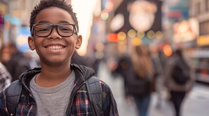 Smiling Youth in Glasses and Backpack, Celebrating Black History Month Generative AI