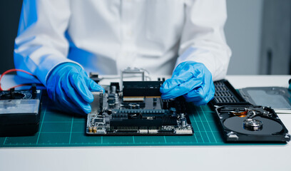 Obraz premium Electronics technician, electronic engineering electronic repair, electronics measuring and testing, repair and maintenance concepts.uses a voltage meter
