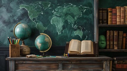 World Map and Globe on a Chalkboard Generative AI - obrazy, fototapety, plakaty
