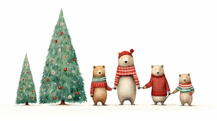 Fototapeta premium A charming watercolor illustration featuring a festive polar bears family near a Christmas tree, designed in a Scandinavian red-green boho style. Postcard-style against a white background.