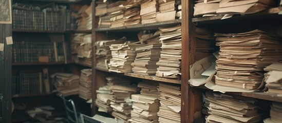 The room is packed with stacks of books and papers, neatly arranged on office shelves and in filing cabinets. The space is filled to the brim with knowledge waiting to be uncovered and explored. - obrazy, fototapety, plakaty