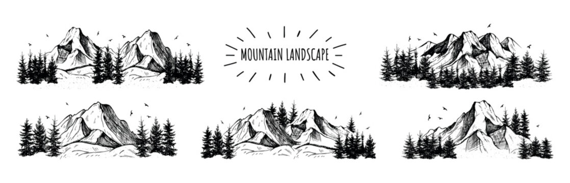 collection mountain landscape vector sketch hand drawing