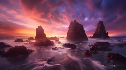 Beautiful panoramic seascape at sunset. Long exposure