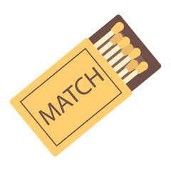 Open box of matches. Vector illustration of a yellow box with matches, hand-drawn, suitable for icons, logos.