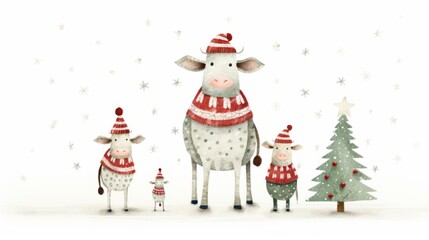 A charming watercolor illustration featuring a festive cow family near a Christmas tree, designed in a Scandinavian red-green boho style. Postcard-style against a white background.