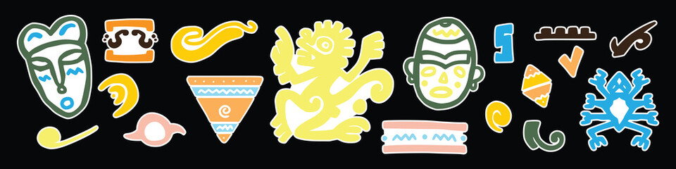 Abstract etnic sticker africa various bright doodle shapes and objects. Hand drawn Vector seamless Pattern. Background, wallpaper, Wrapping, textile template