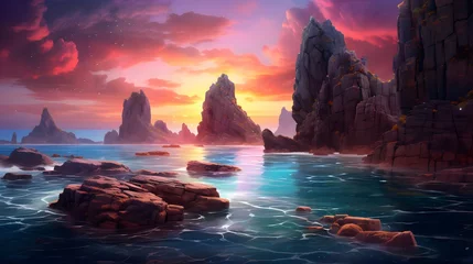 Fototapeten Fantasy seascape. Mountain and sea at sunset. 3D illustration © Iman
