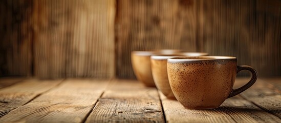Three coffee cups are arranged neatly on top of a rustic wooden table, creating a simple yet inviting coffee scene. The warm tones of the table complement the rich colors of the cups, making for a - obrazy, fototapety, plakaty