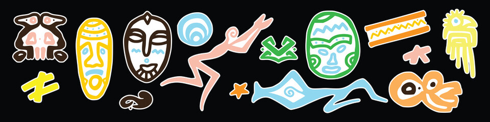 Abstract etnic sticker africa various bright doodle shapes and objects. Hand drawn Vector seamless Pattern. Background, wallpaper, Wrapping, textile template