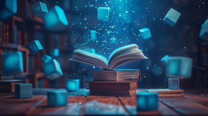 A Book of Dreams A Blue Bookshelf with Blue Books and Blue Blocks Generative AI - obrazy, fototapety, plakaty