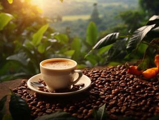 Cup of hot coffee and coffee beans on background of coffee plantation 