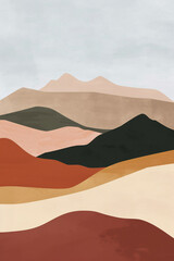 Abstract contemporary aesthetic landscapes with Sun, Sea, wave, mountains. Mid century modern minimalist line art print. Backgrounds in retro asian japanese style,