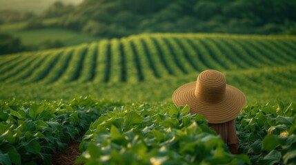 woman in a hat on green tea plantation - obrazy, fototapety, plakaty