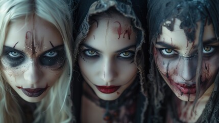Fototapeta premium group of young witches, coven on Halloween