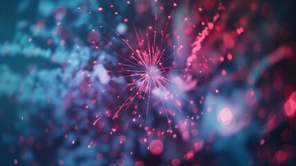 A vivid and energetic representation of a digital fireworks display, forming a celebratory and minimalistic HD background mockup. - obrazy, fototapety, plakaty