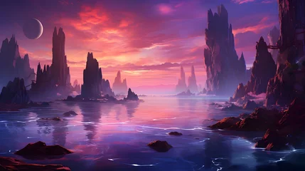Fototapeten Fantasy landscape with mountains and sea at sunset. 3d illustration © Iman