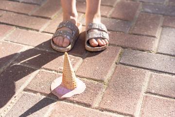 Dropped Icecream Cone.Summer Mishap-Girls Sandals and Melted Ice Cream
