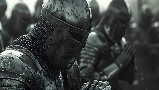 A group of Teutonic Knights pray before battle their devotion to their cause evident in their closed eyes and clasped hands.