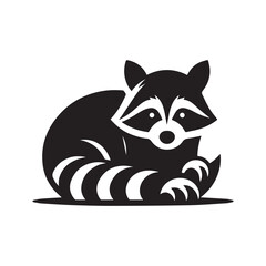 Silhouette and icon  of cunning raccoon isolated on white background