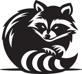 Silhouette and icon  of cunning raccoon isolated on white background