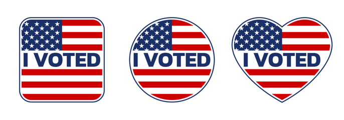 Vote icon, badge or sign set. I voted sticker with USA flag. Voting, presidential campaign concept. American election design element. Vector illustration.