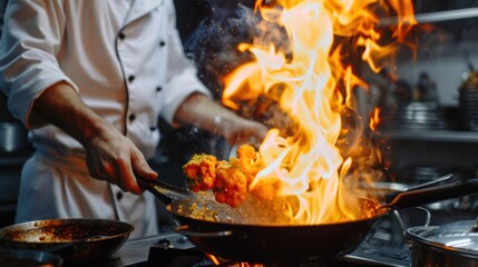 Close-up of the Professional chef's hands cooking food on fire in the kitchen at a restaurant. The chef burns food in a professional kitchen