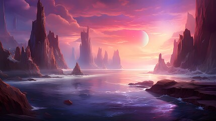 Fantasy alien planet. Mountain and lake. 3D illustration.
