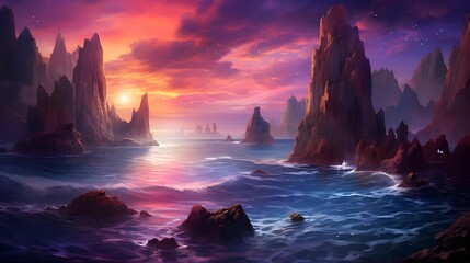 Fantasy seascape. Colorful sunset over the sea. 3D illustration