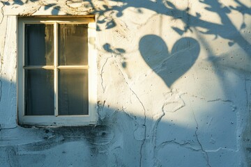 A heart-shaped shadow cast on a wall beside a window in sunlight. Place for text