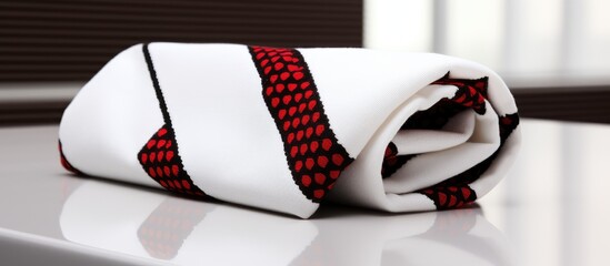 A red and black tie is neatly laid on top of a white table, creating a sharp contrast between the vibrant colors. The tie appears to be carefully placed, drawing attention to its intricate patterns
