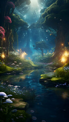 Fantasy landscape with fantasy forest and river. 3d illustration.