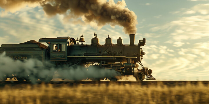 A side view captures a steam engine train speeding along train tracks, illuminated by the golden hour light.