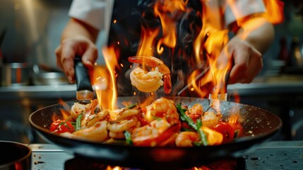 Close-up of the Professional chef's hands cooking food on fire in the kitchen at a restaurant. The chef burns food in a professional kitchen