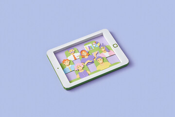 Colorful paper tablet with business partners on video call