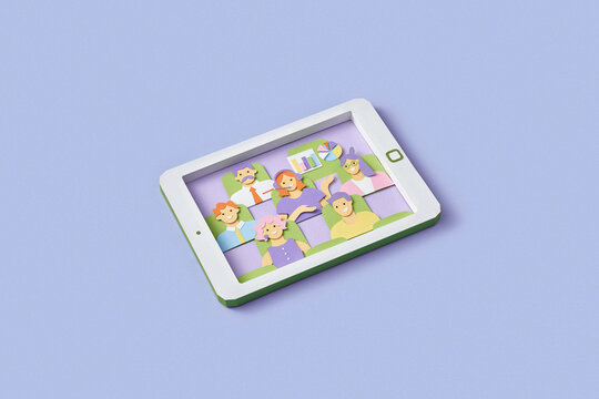 Colorful paper tablet with business partners on video call