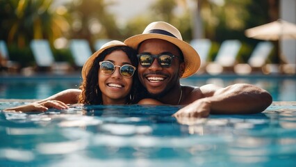 Black couple having fun in the hotel resort's pool