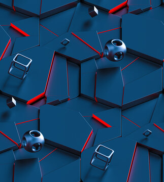 Dark blue and red geometric wallpaper design.