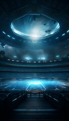 View of a futuristic stadium with lights and smoke. 3d rendering