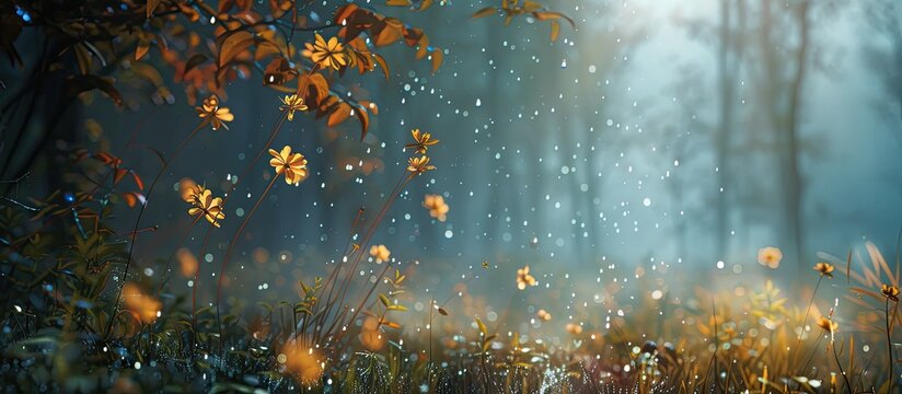 A vibrant painting showcasing a cluster of yellow flowers standing out amidst the lush greenery of a forest. The intricate details of the petals and leaves are highlighted, creating a lively and