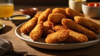 Delicious crispy chicken tenders served on a rustic plate with dips and a drink in the background