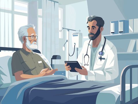 In a hospital ward, a caring male nurse attentively consults with an elderly patient, symbolizing compassionate healthcare