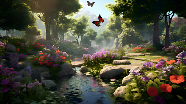 3D render of a beautiful garden with flowers and butterfly in the morning