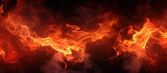 This image shows a close-up view of vibrant fire flames with varying hues of orange, yellow, and red against a stark black backdrop. The flames dance and flicker, creating a mesmerizing display of