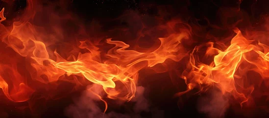 Papier Peint photo Lavable Feu This image shows a close-up view of vibrant fire flames with varying hues of orange, yellow, and red against a stark black backdrop. The flames dance and flicker, creating a mesmerizing display of