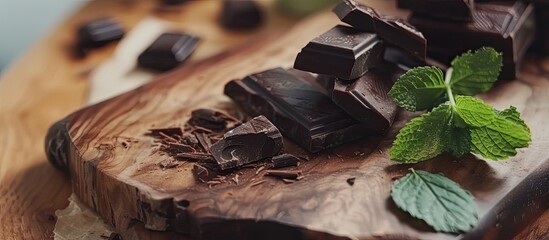 A detailed view of a piece of dark chocolate placed on a wooden table, accompanied by fresh chocolate mint leaves. The selective focus highlights the rich texture and color of the chocolate.