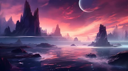 Gardinen Fantasy alien planet. Mountain and lake. 3D illustration. © Iman