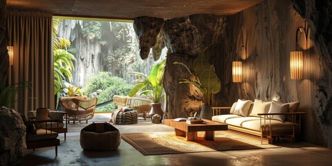 Natural rock-based living room in a cave with a gorgeous view of outdoors - obrazy, fototapety, plakaty